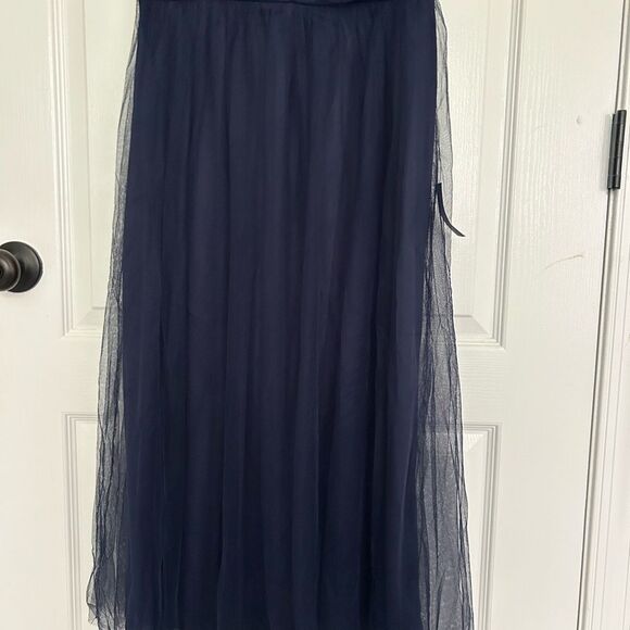 Lulus Glorious Chicness Navy Tulle Pleated Puff Sleeve Midi Dress Medium New - Picture 6 of 13